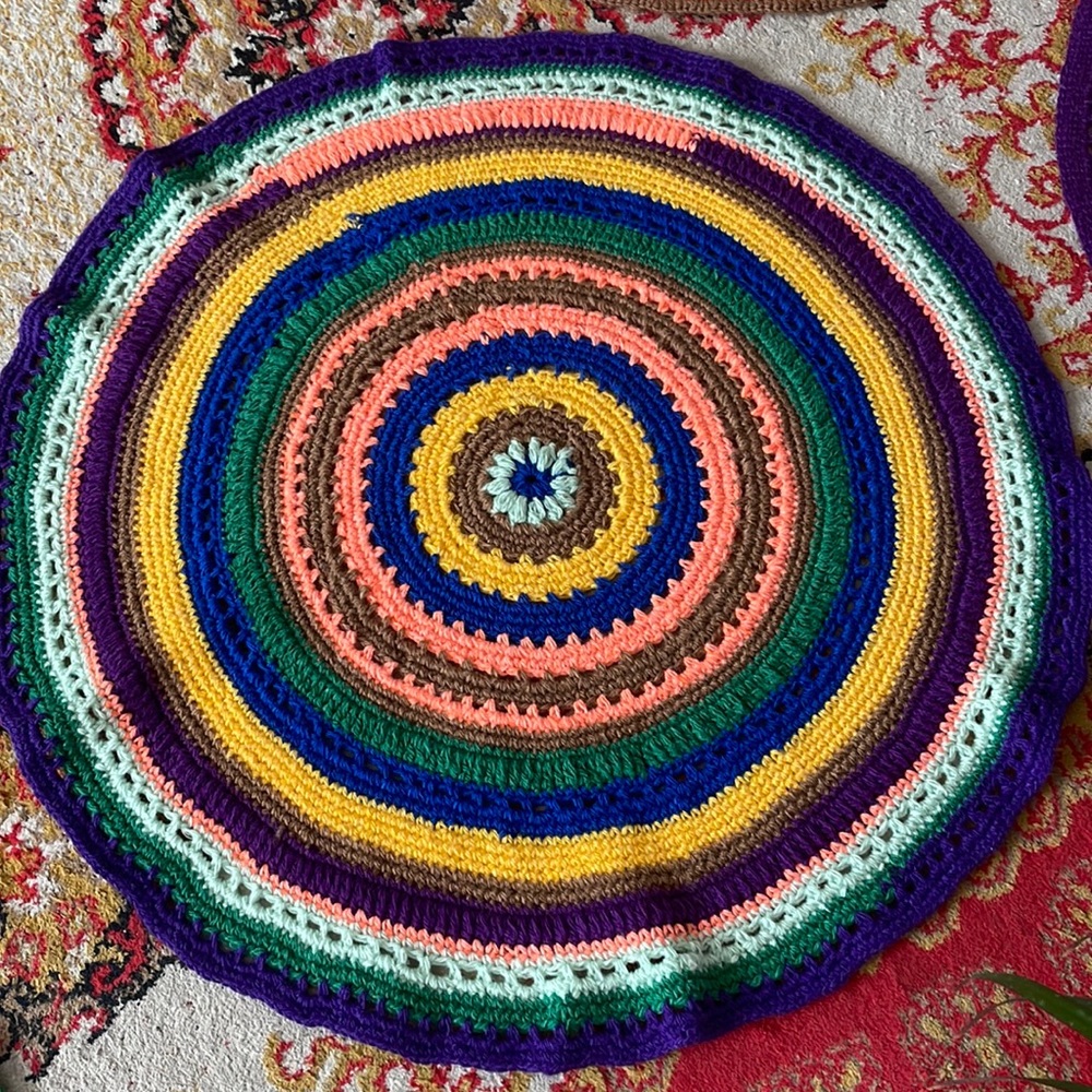 Multicolored knitted ( wool yarn) rug/mandala🌈💗🌸